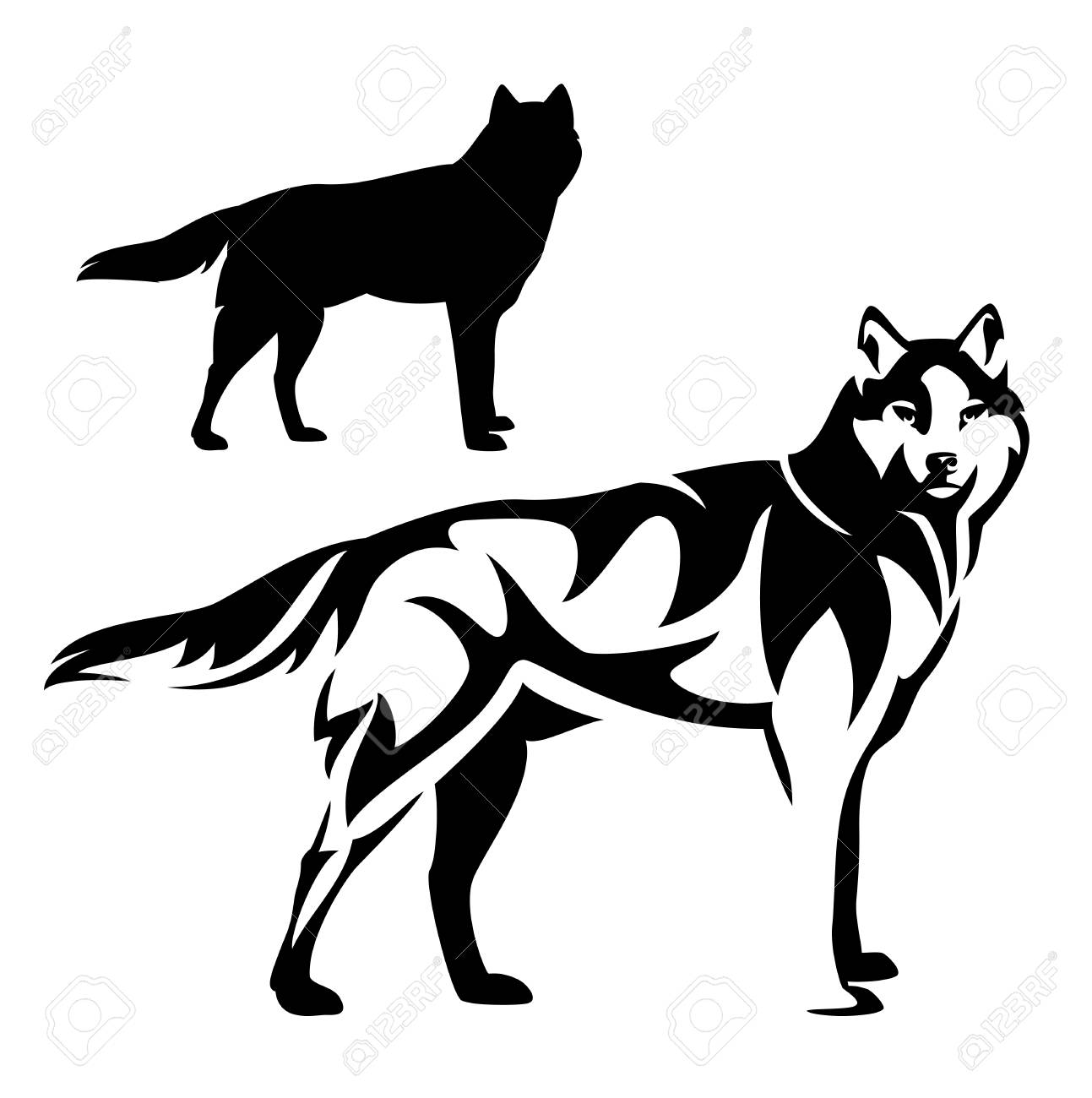 1293x1300 Standing Wolf Black And White Vector Outline And Silhouette Design