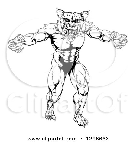 450x470 Clipart Of Blacknd White Muscular Wolf Mascot Standing In