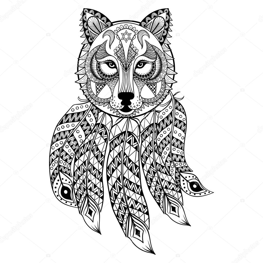 1024x1024 Vector Ornamental Wolf With Dreamcatcher, Ethnic Zentangled Masc