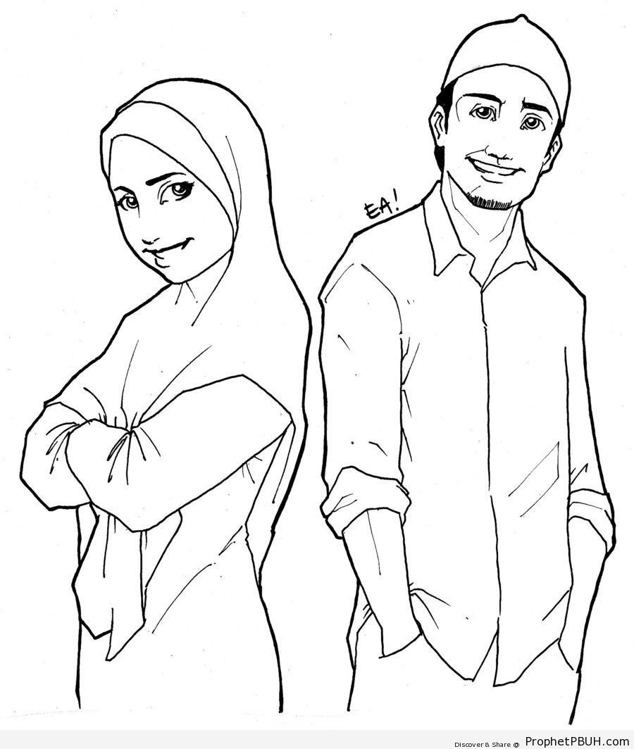 900x1064 Muslim Man And Woman Line Drawing Drawings Prophet Pbuh (Peace