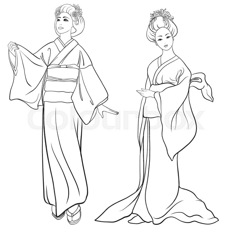 800x800 Young Women In Traditional Japanese Kimono, Isolated Drawing