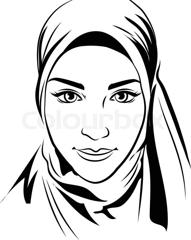 635x800 Portrait Of Muslim Beautiful Girl In Patterned Hijab, Vector