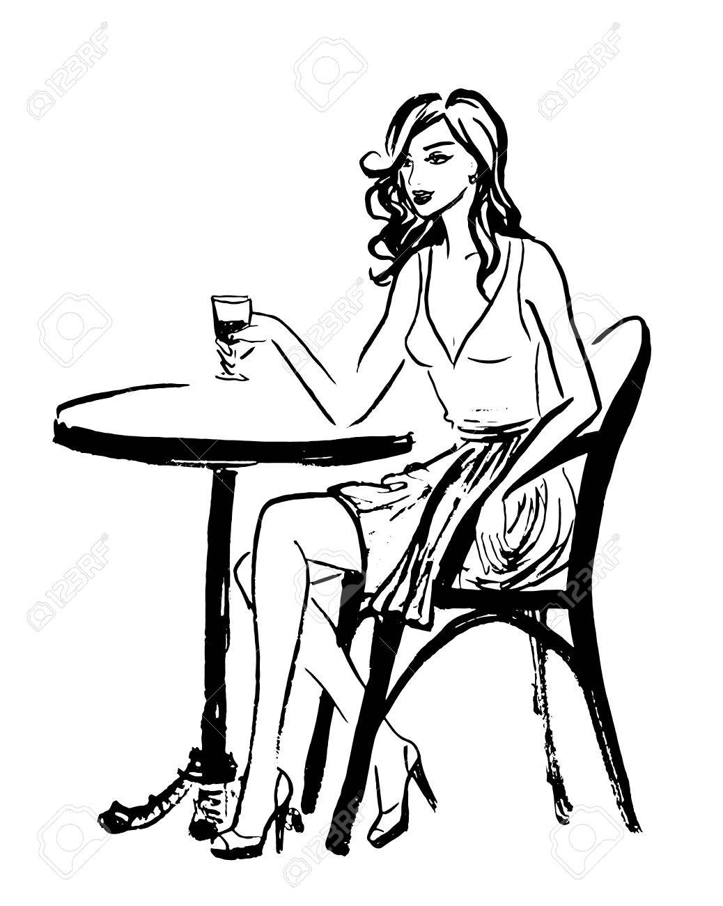 1038x1300 Fashion Illustration Of Sitting Woman In Cafe Of Paris. Ink