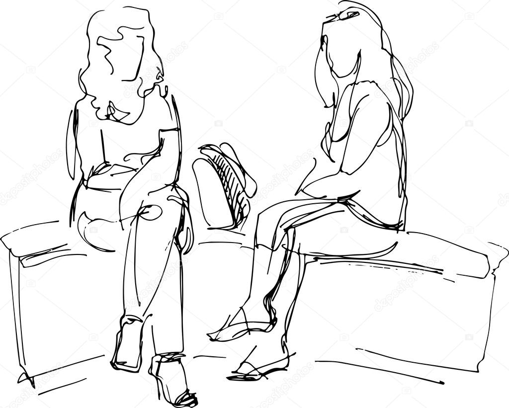 1024x821 Sketch Of Two Friends Sitting On Bench Stock Vector Artex67