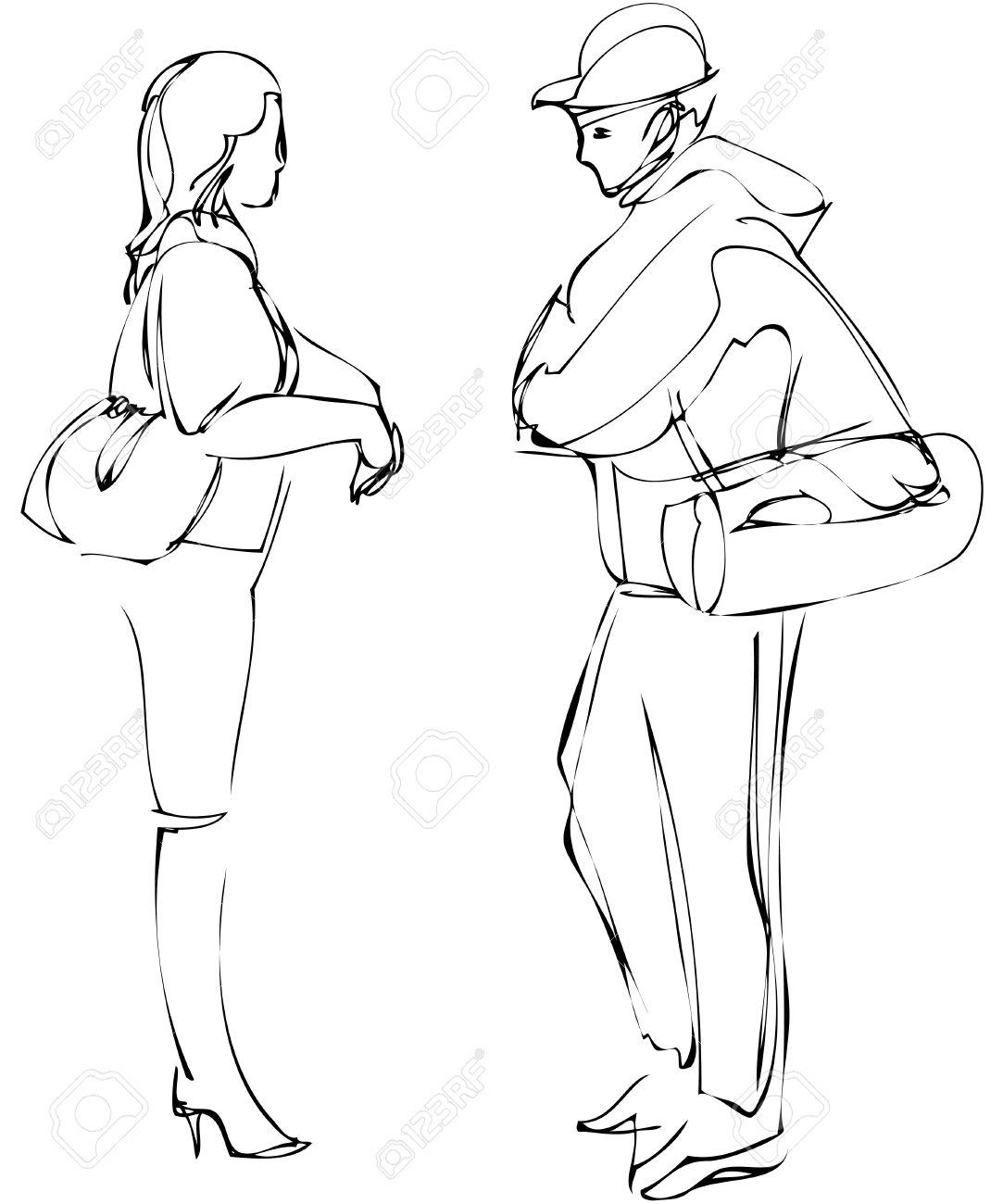 1083x1300 A Sketch Of Boy And Girl Talking While Standing Royalty Free
