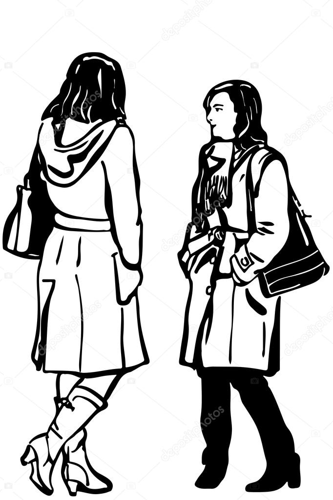 682x1023 Vector Sketch Of Two Women Friends In Coat Standing Talking