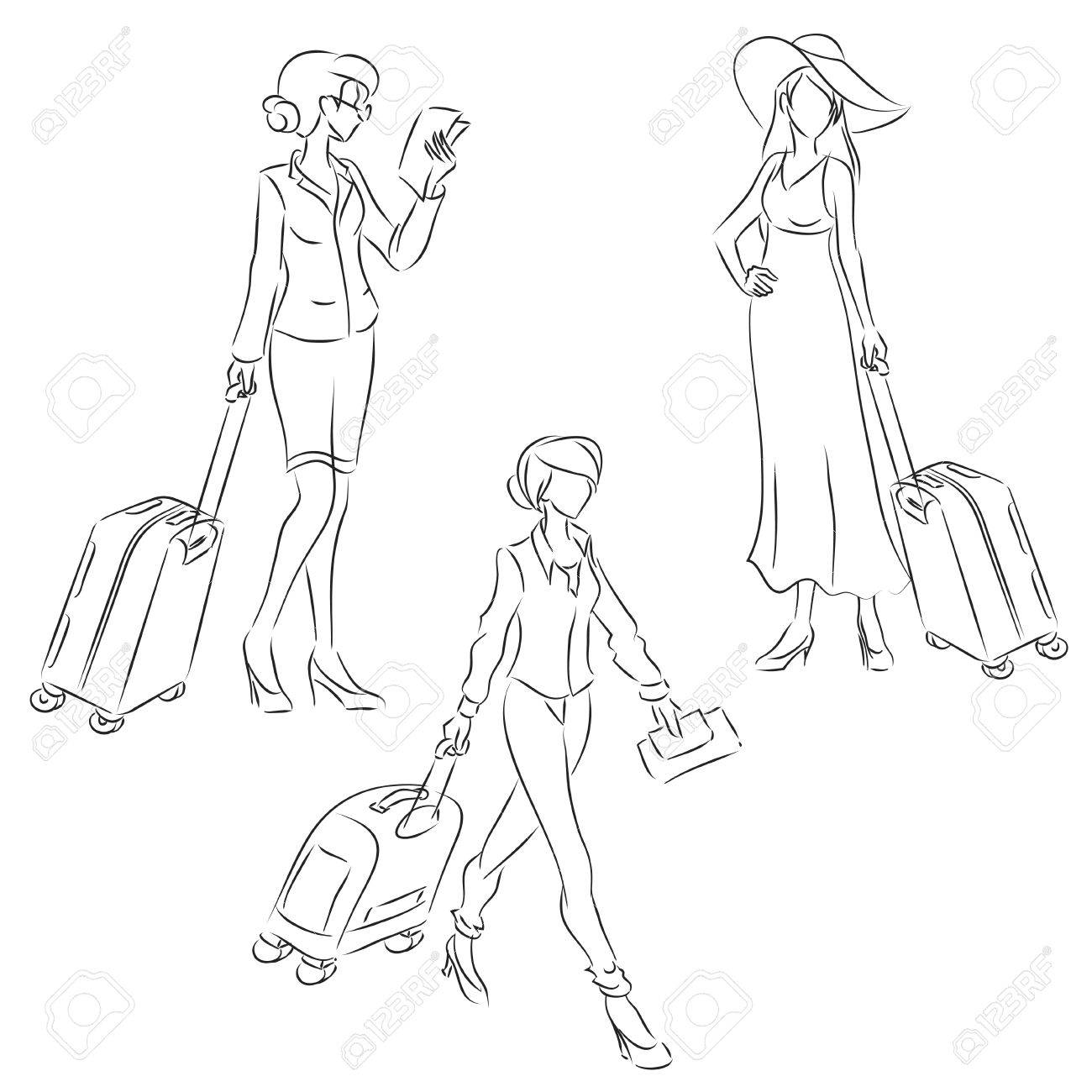 1300x1300 Set With Symbolic Women Drawing By Lines. Girls Wears Summer