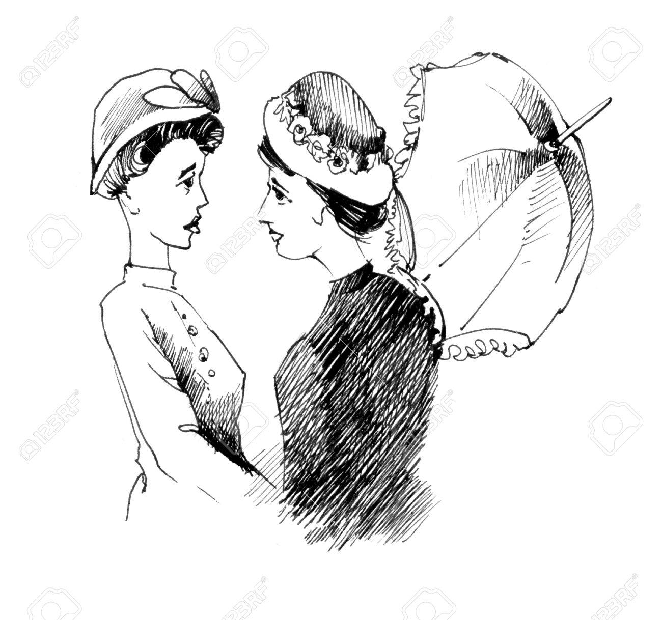 1300x1218 Vintage Drawing Illustration Of Two Women Talking Stock Photo