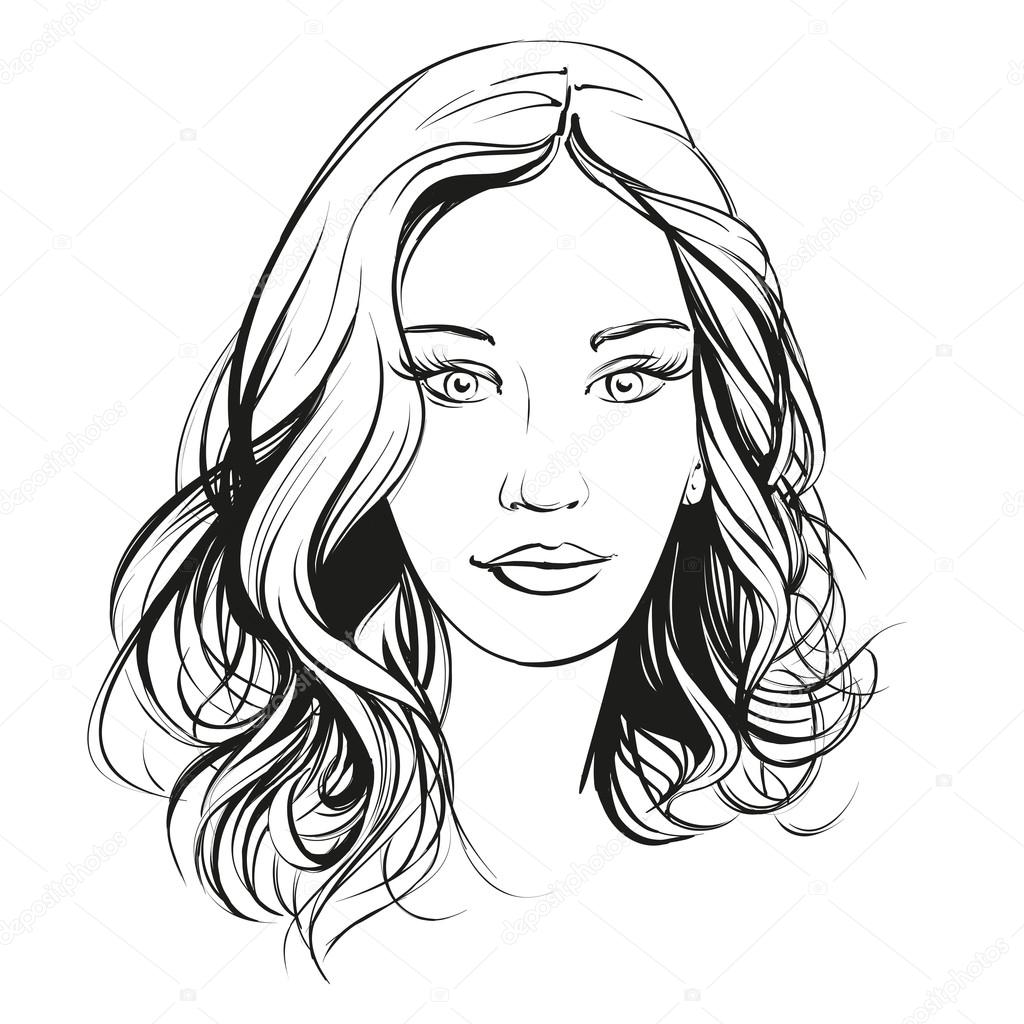 1024x1024 Beautiful Woman Face Hand Drawn Vector Illustration Sketch Stock