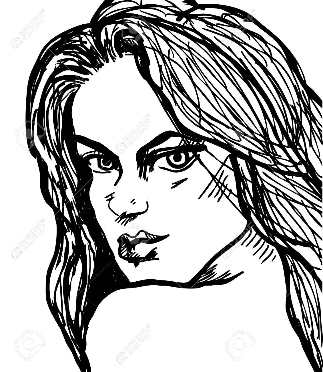 1130x1300 Beautiful Woman Face Look Black And White Drawing Isolated Vector