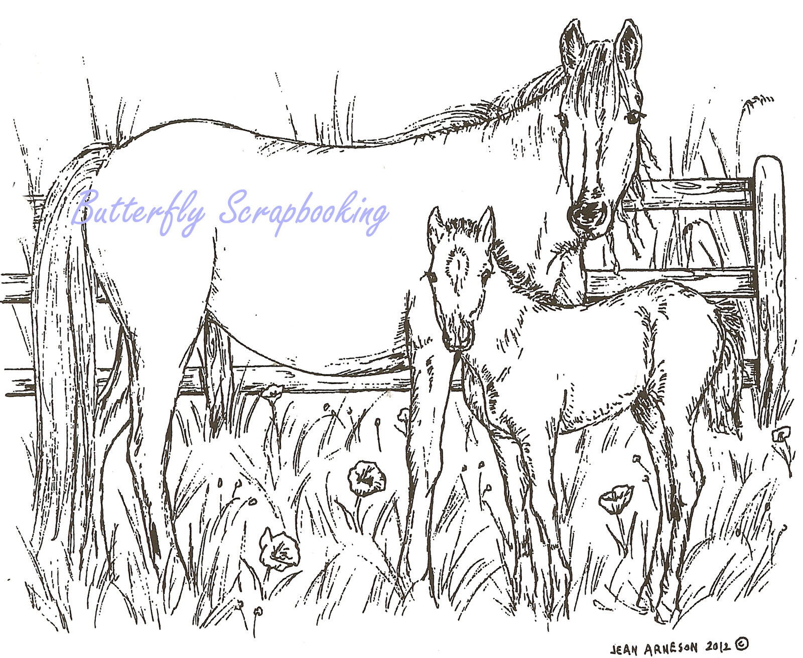 1600x1312 Horse Mare And Foal Fence Wood Mounted Rubber Stamp Northwoods