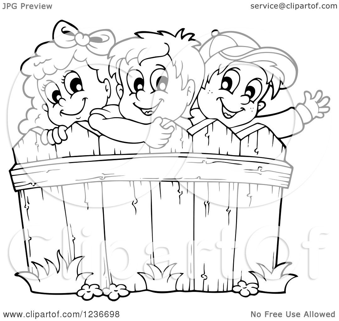 1080x1024 Clipart Of Black And White Happy Children Looking Over A Wooden