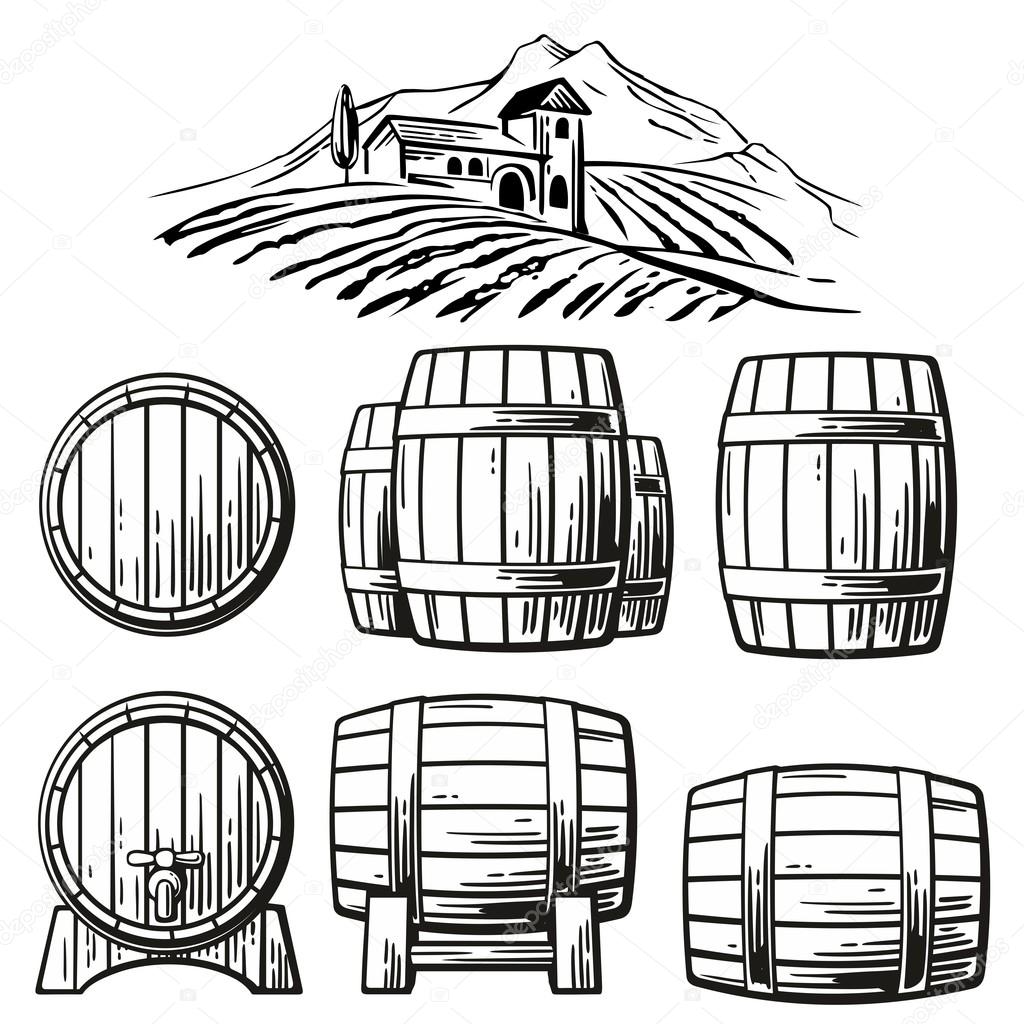 1024x1024 Wooden Barrel Set And Rural Landscape With Villa, Vineyard Fields