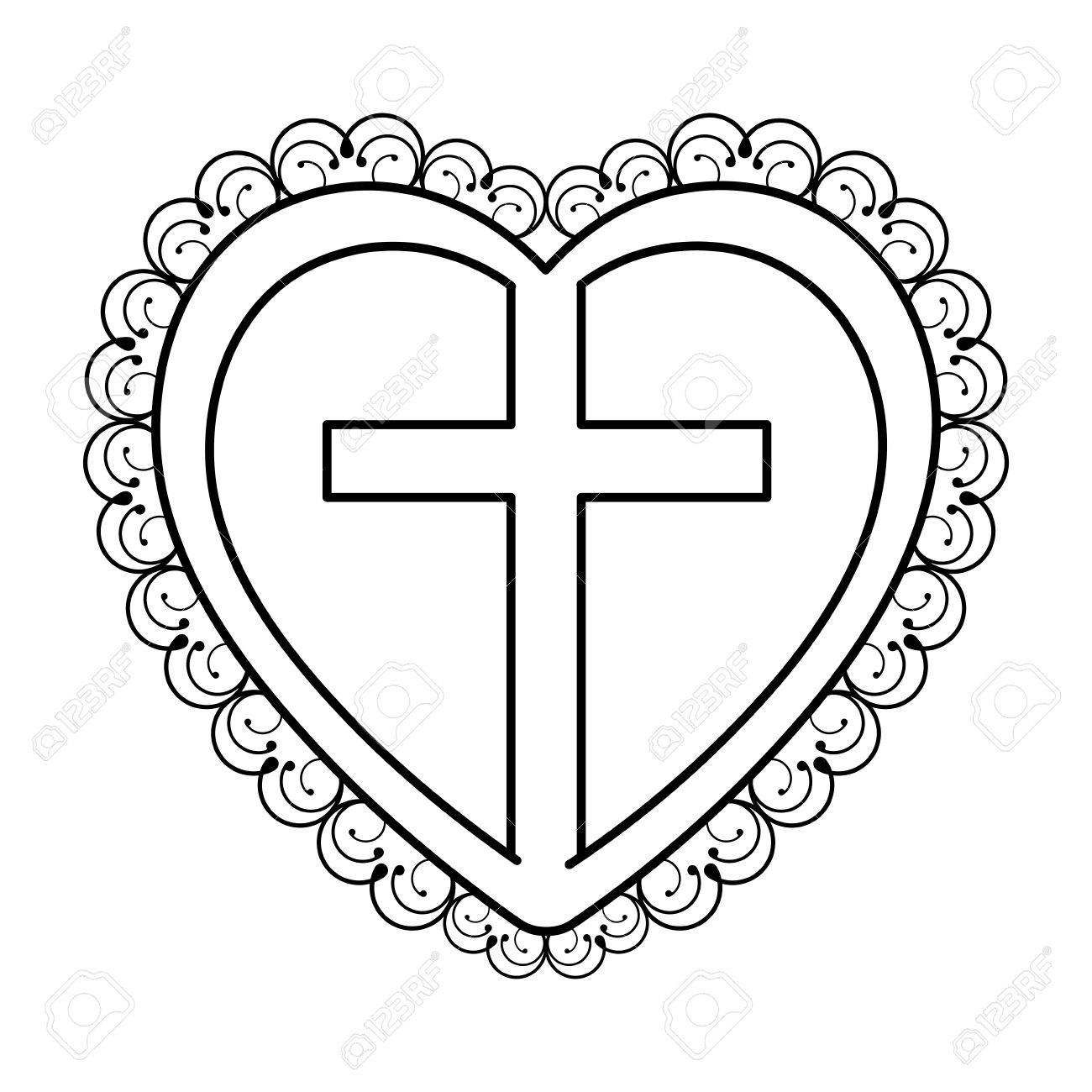 1300x1300 Silhouette Heart Decorative Frame With Wooden Cross Inside Vector