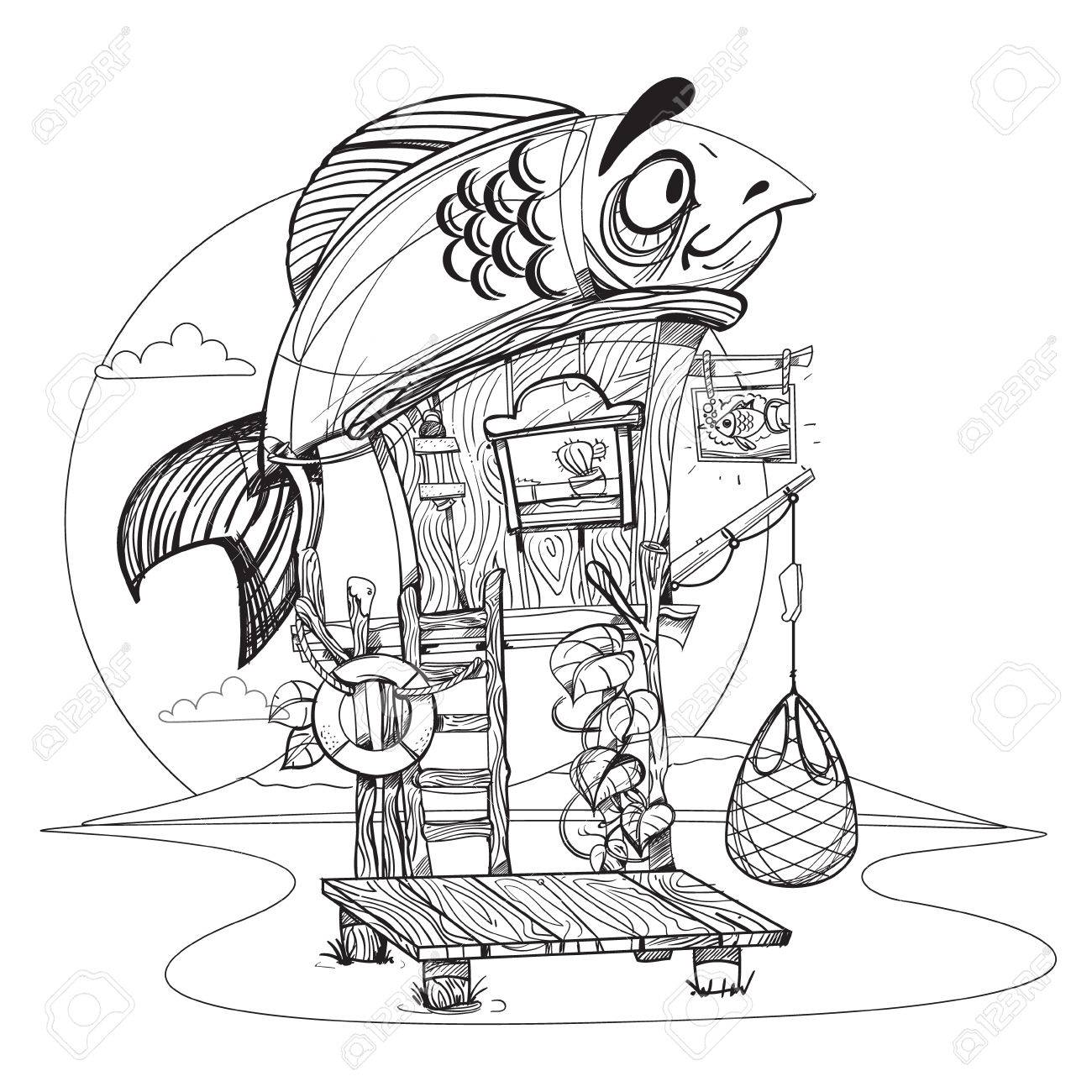 1300x1300 House Fisherman. Cartoon Illustration Of A Wooden Hut On Stilts