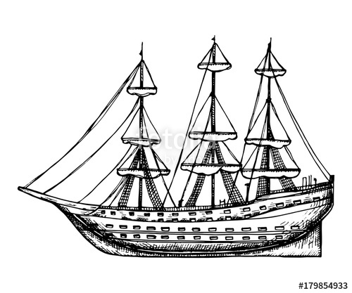 500x417 Ship Vintage Wooden With Sails Vector Sketch. Hand Drawing