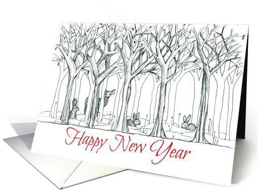 510x382 Happy New Year Woodland Forest Animals Deer Rabbit Drawing Card