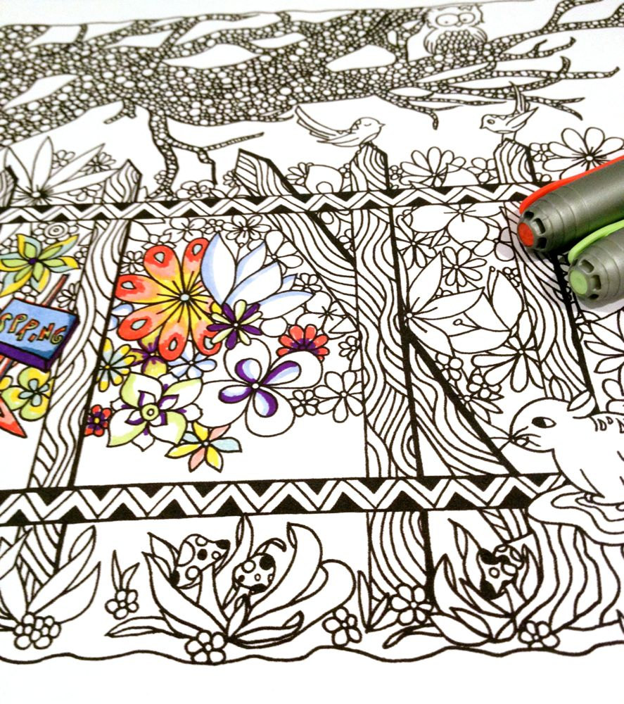 887x1000 Adult Coloring Page Spring Scene Woodland Doodle Nature Design