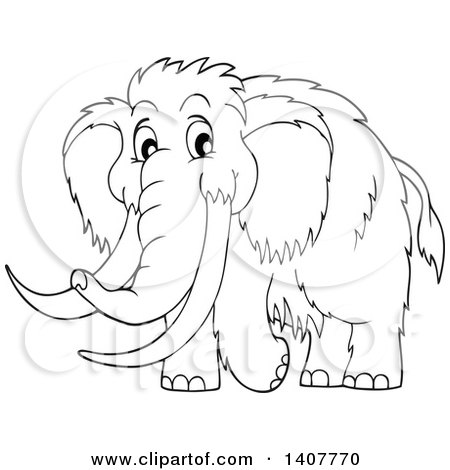450x470 Clipart Of A Black And White Lineart Happy Woolly Mammoth