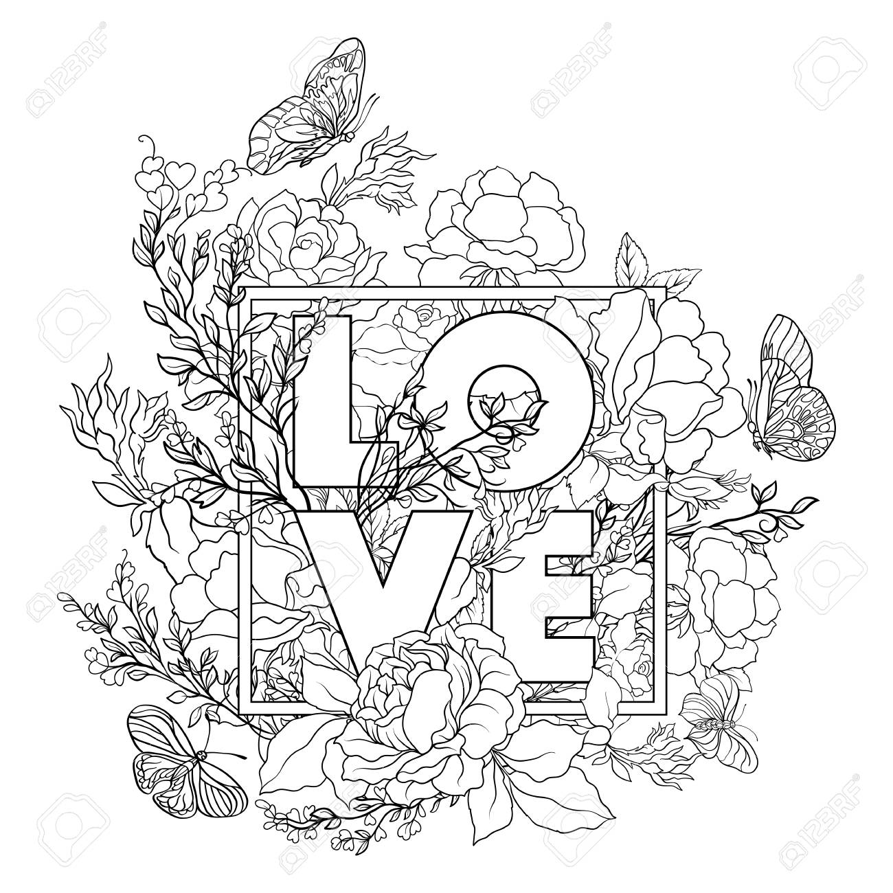 1300x1300 Rose Flower Background With Word Love. Outline Drawing Coloring