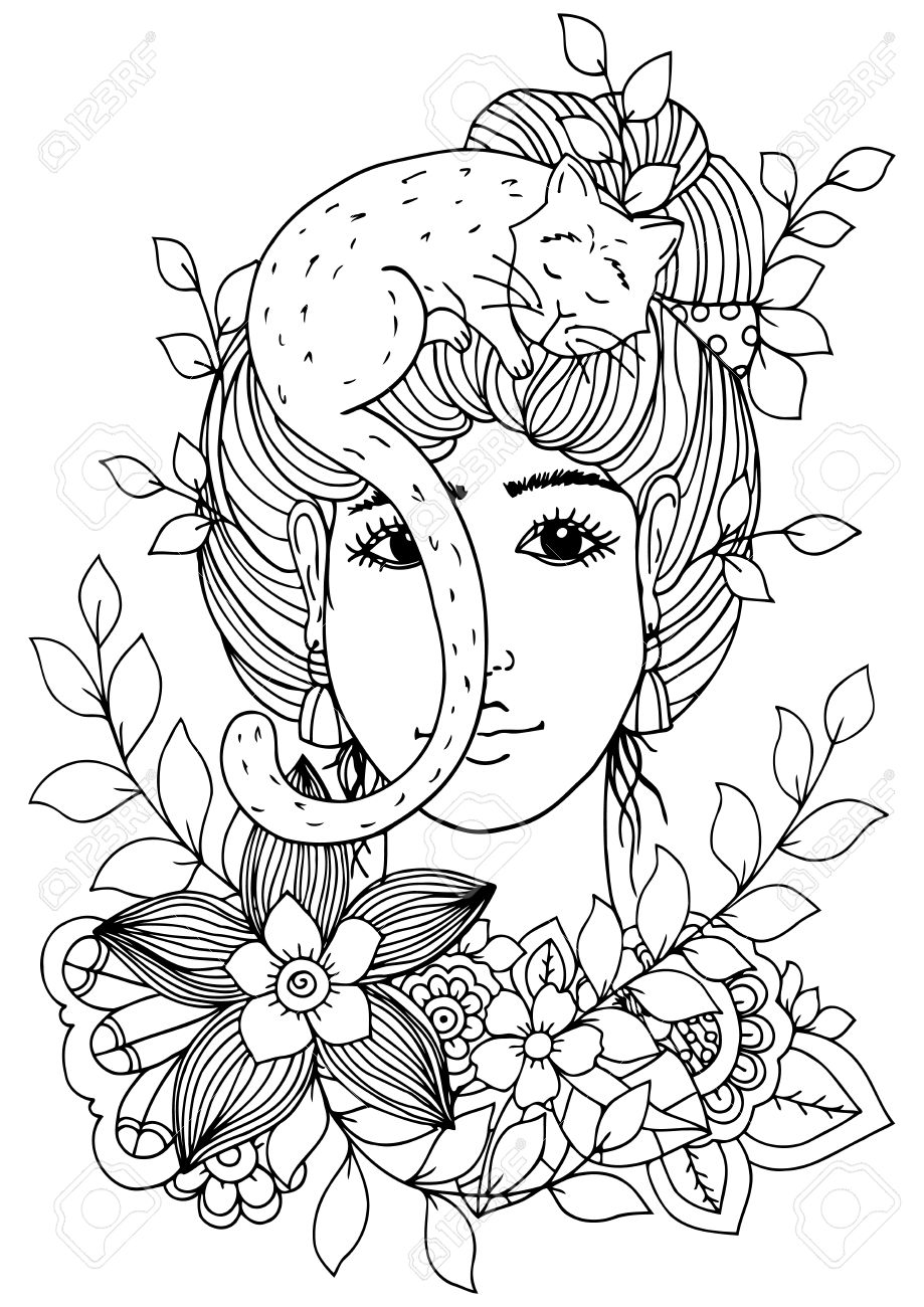 919x1300 Illustration Of Handmade Work, Zentangle Girl With Flowers And Cat