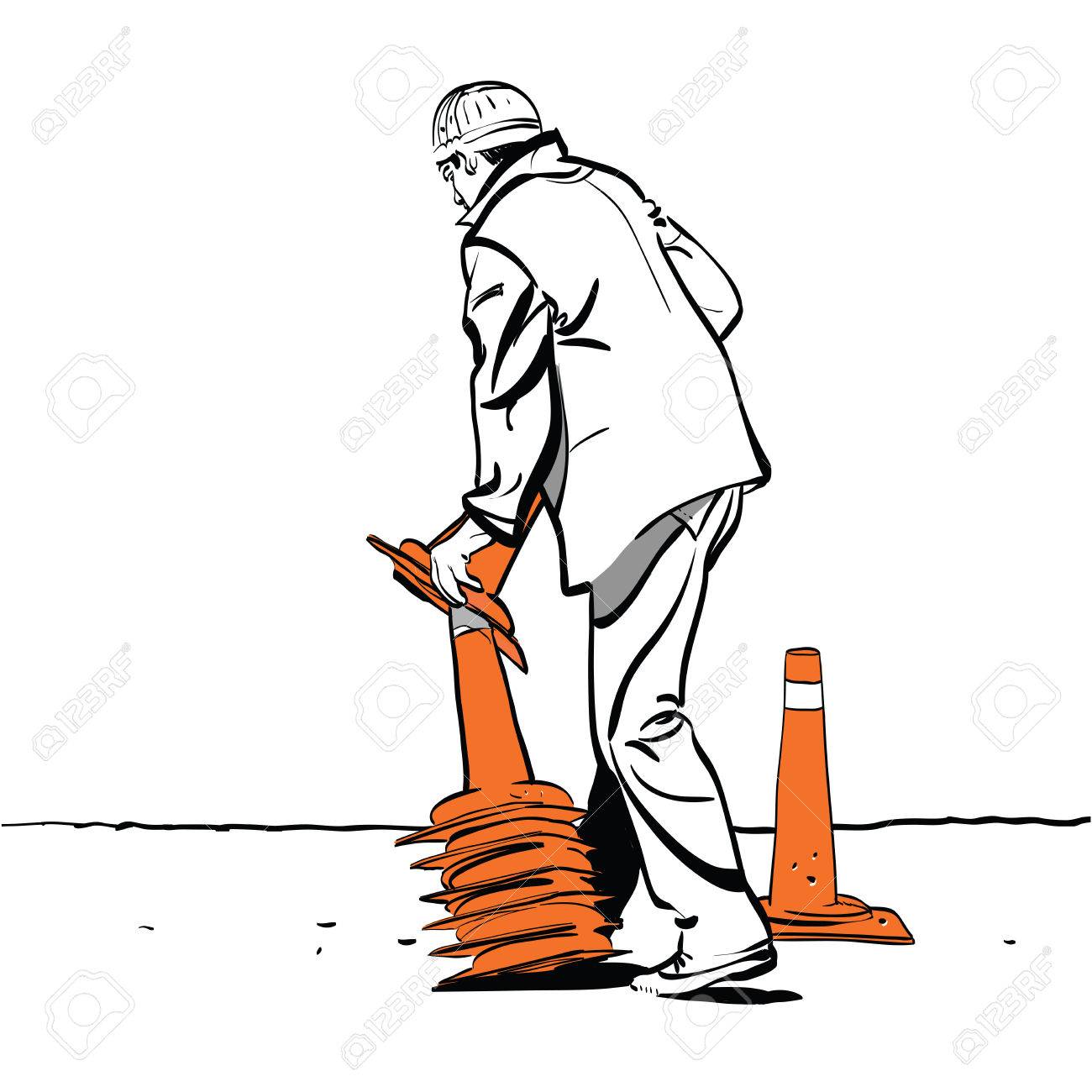 1300x1300 Road Worker Puts Traffic Cones. Cartoon Hand Drawing Illustration