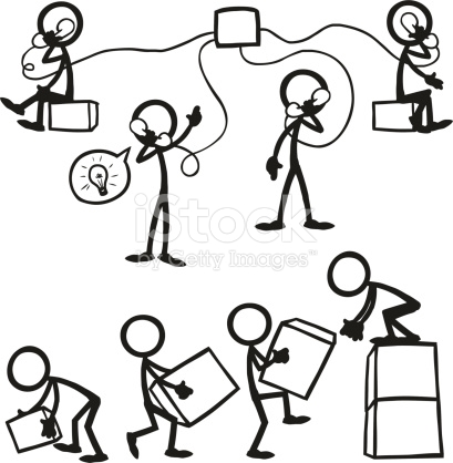 409x418 Stickfigure Business People Working Together. A Group Telephone