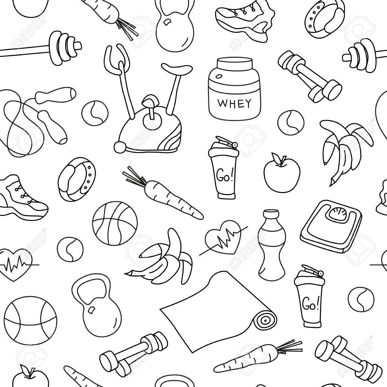 1300x1300 Seamless Pattern With Isolated Fitness Doodles. Hand Drawn