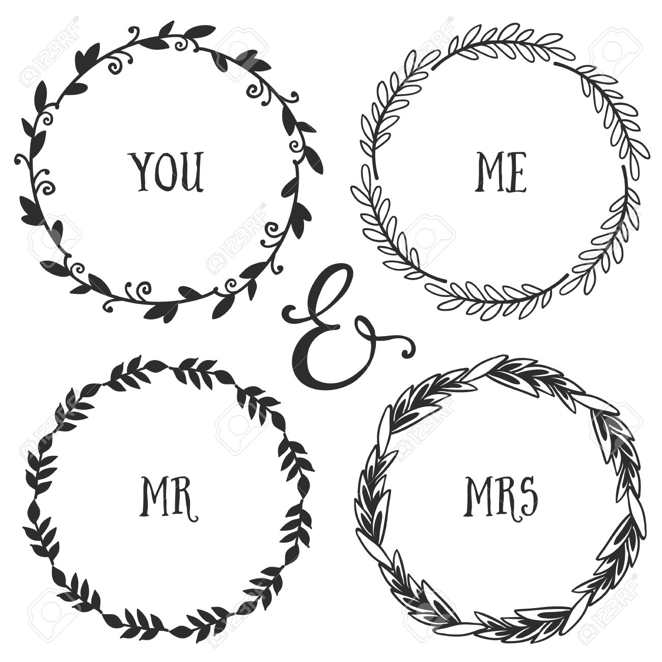 1300x1300 Hand Drawn Rustic Vintage Wreaths With Lettering. Floral Vector