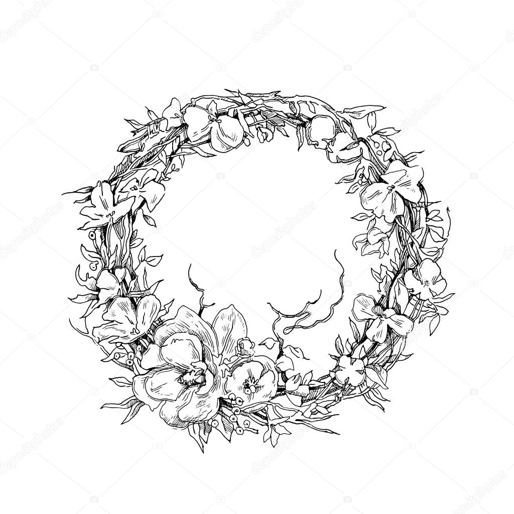 1024x1024 Vector Hand Drawn Illustration. Floral Background. Wreath, Flowers