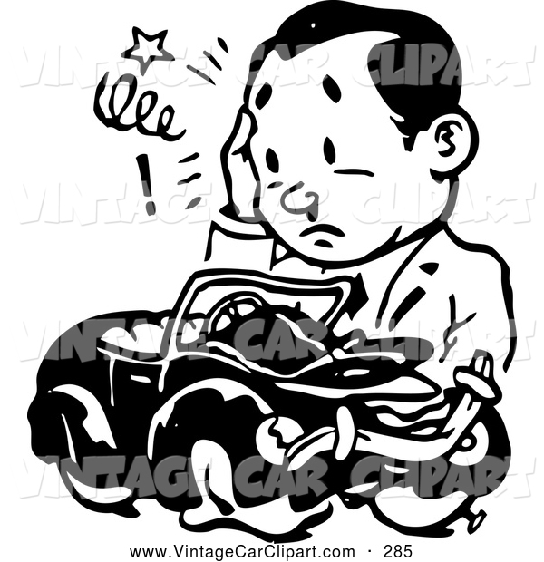 600x620 Clipart Of Blacknd White Retro Man With Wrecked Totaled