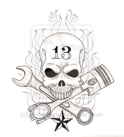 400x442 Skull And Wrenches Drawings Skull With Crossed Wrench And Piston