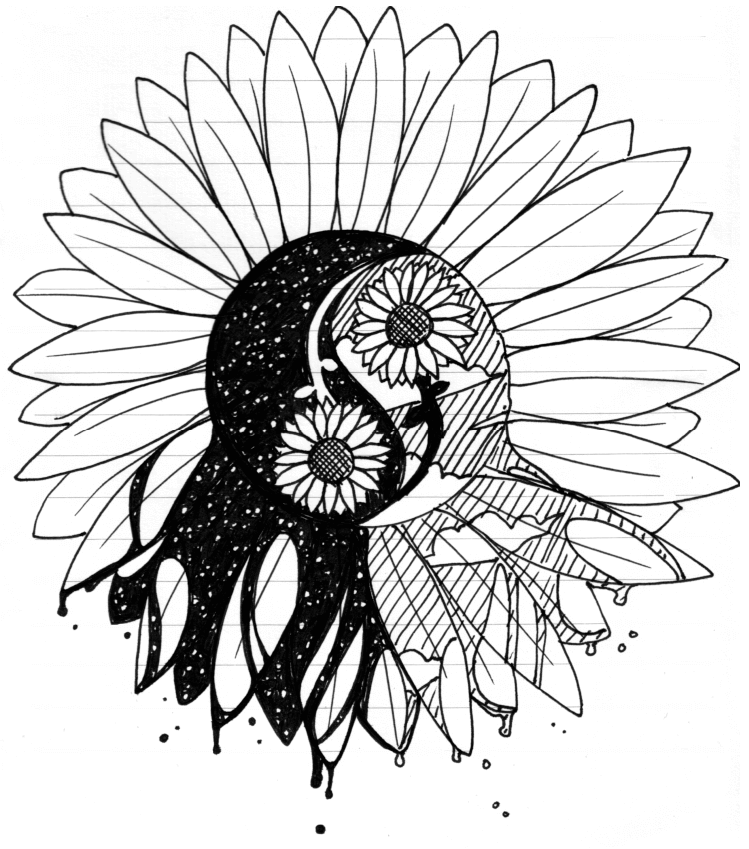 749x849 Black Yin Yang Symbol In Sunflower Tattoo Design By Deige