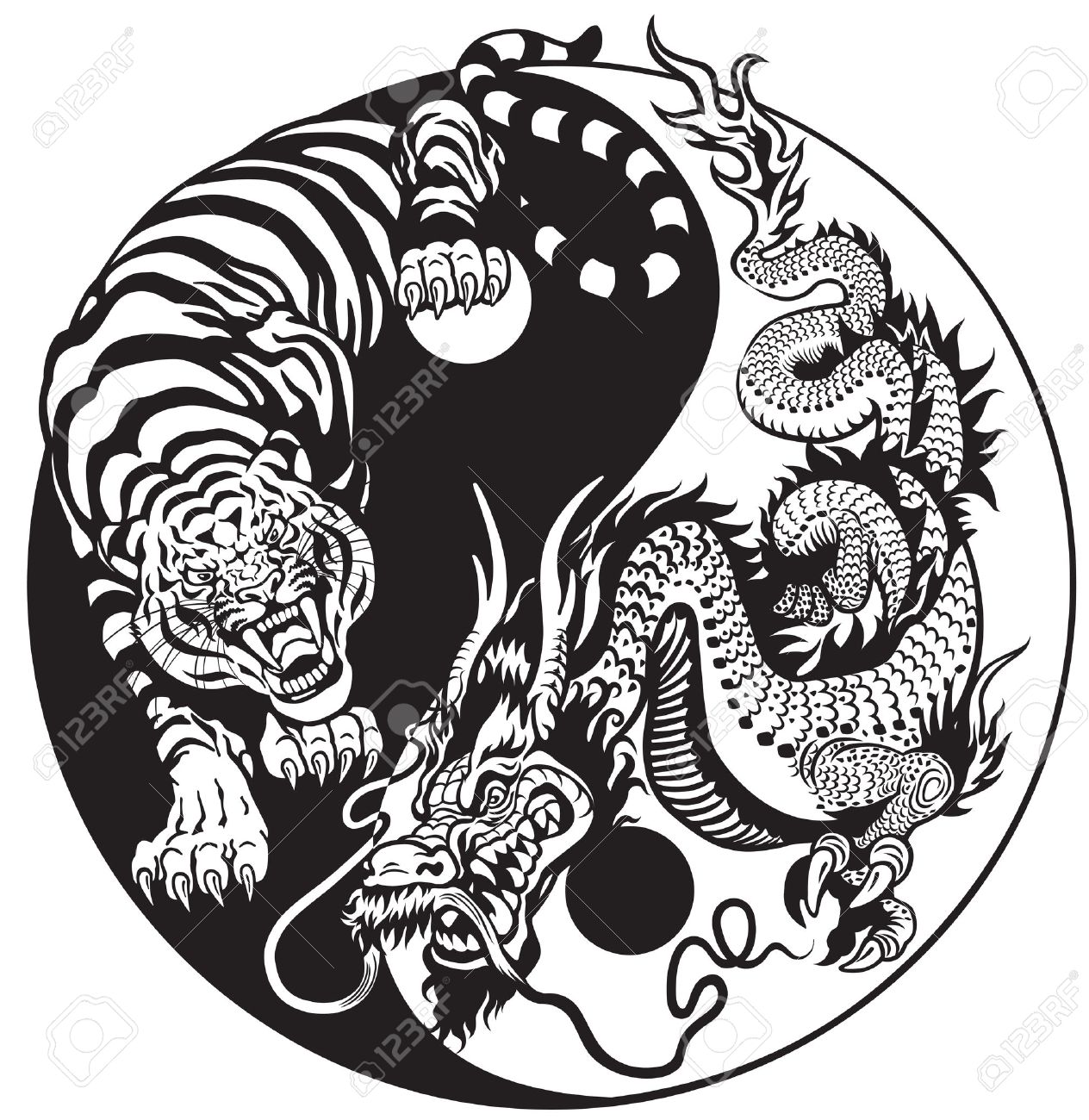 1264x1300 Dragon And Tiger Yin Yang Symbol Of Harmony And Balance. Black