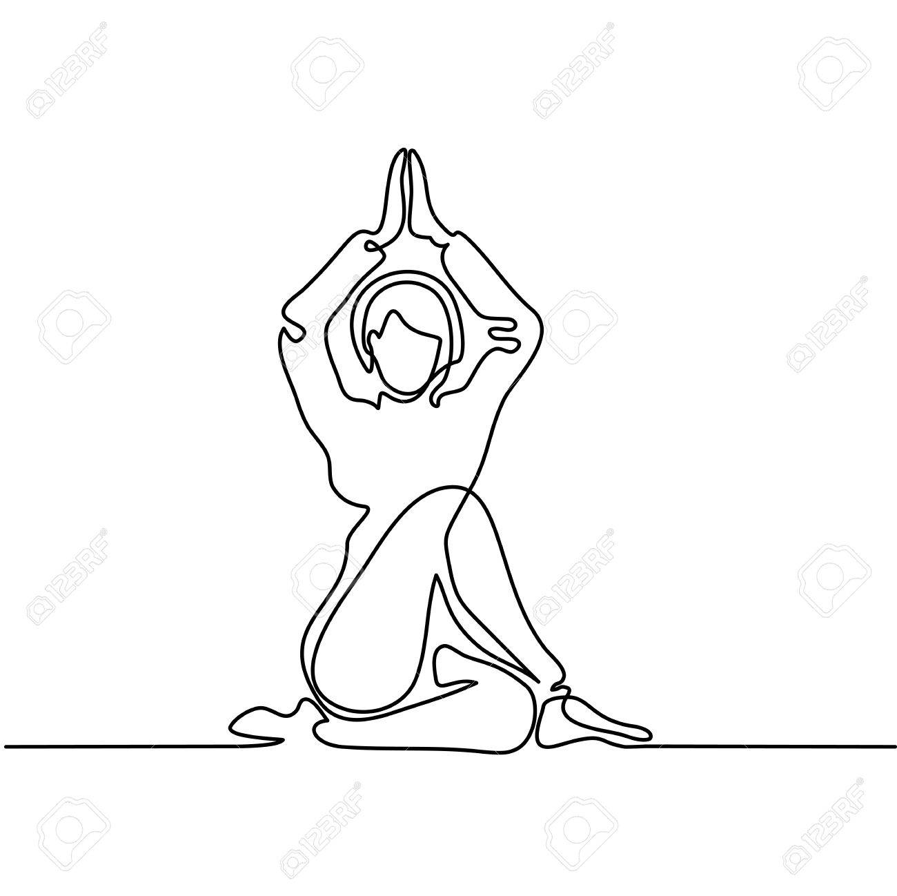 1300x1298 Continuous Line Drawing. Woman Doing Exercise In Yoga Pose. Vector