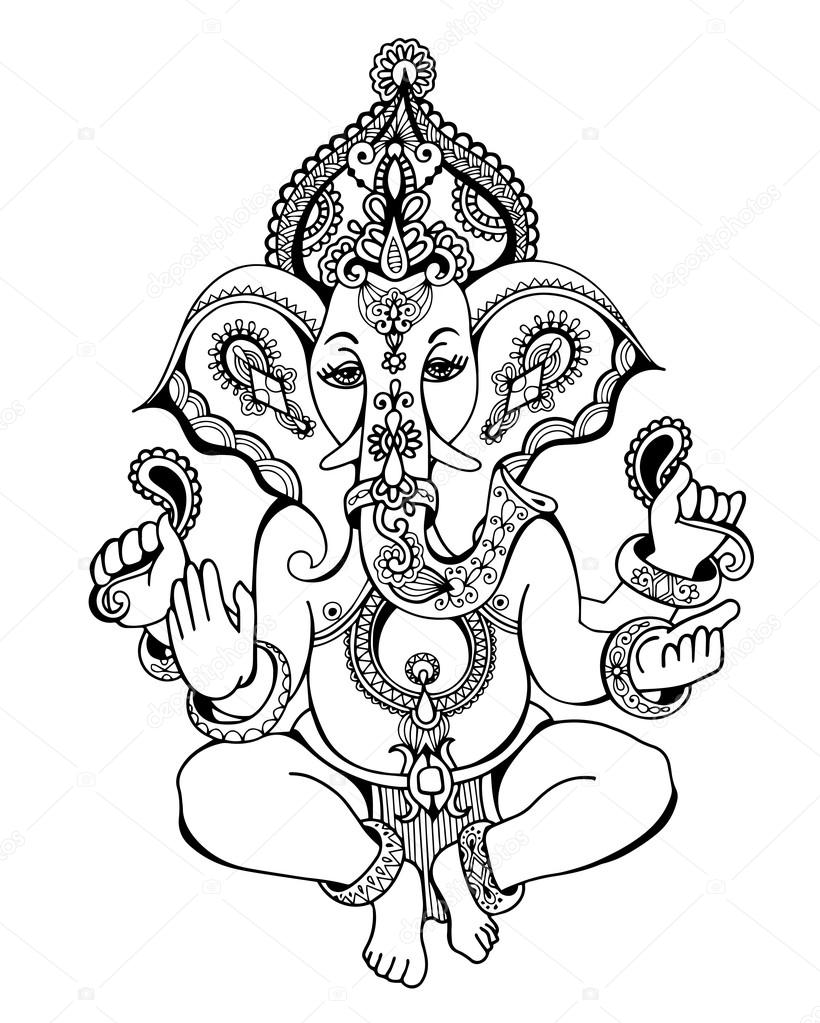 820x1023 Hindu Lord Ganesha Ornate Sketch Drawing, Tattoo, Yoga Stock
