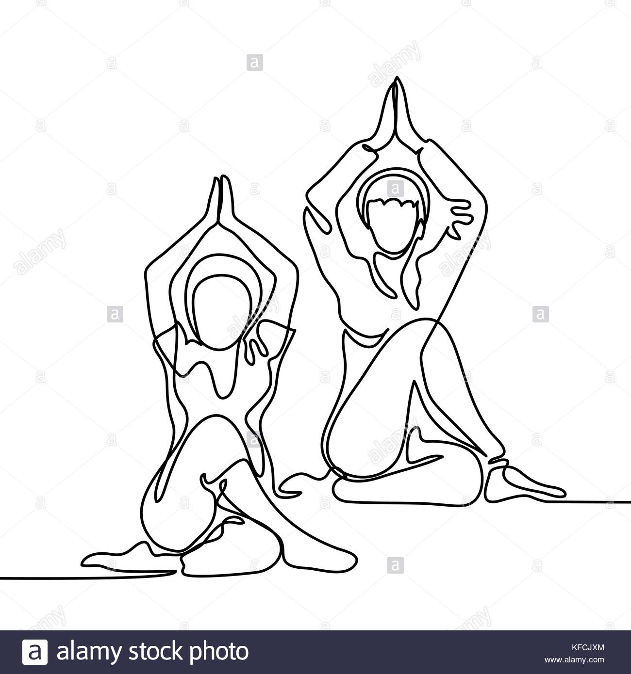 1300x1390 Continuous Line Drawing. Two Women Doing Exercise In Yoga Pose