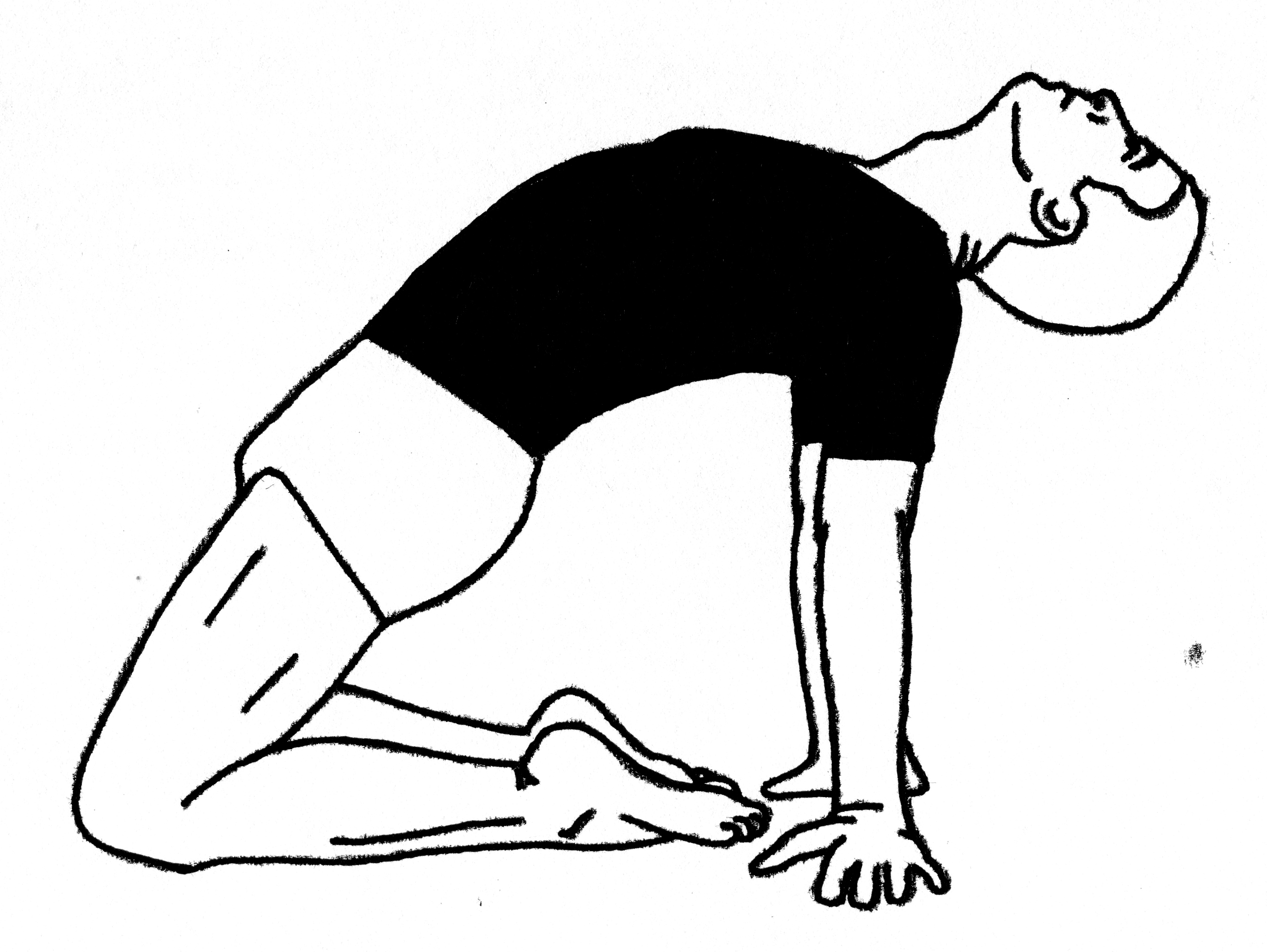 An illustration of a person doing a one legged windshield wiper to a king pigeon yoga pose