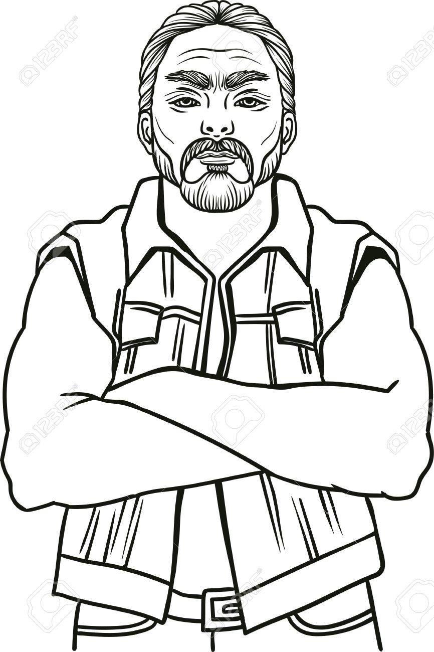 866x1300 Young Man Bearded Biker. Illustration Engraving Style Best