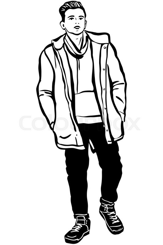 533x800 Black And White Vector Sketch Of A Young Man In A Jacket Stock