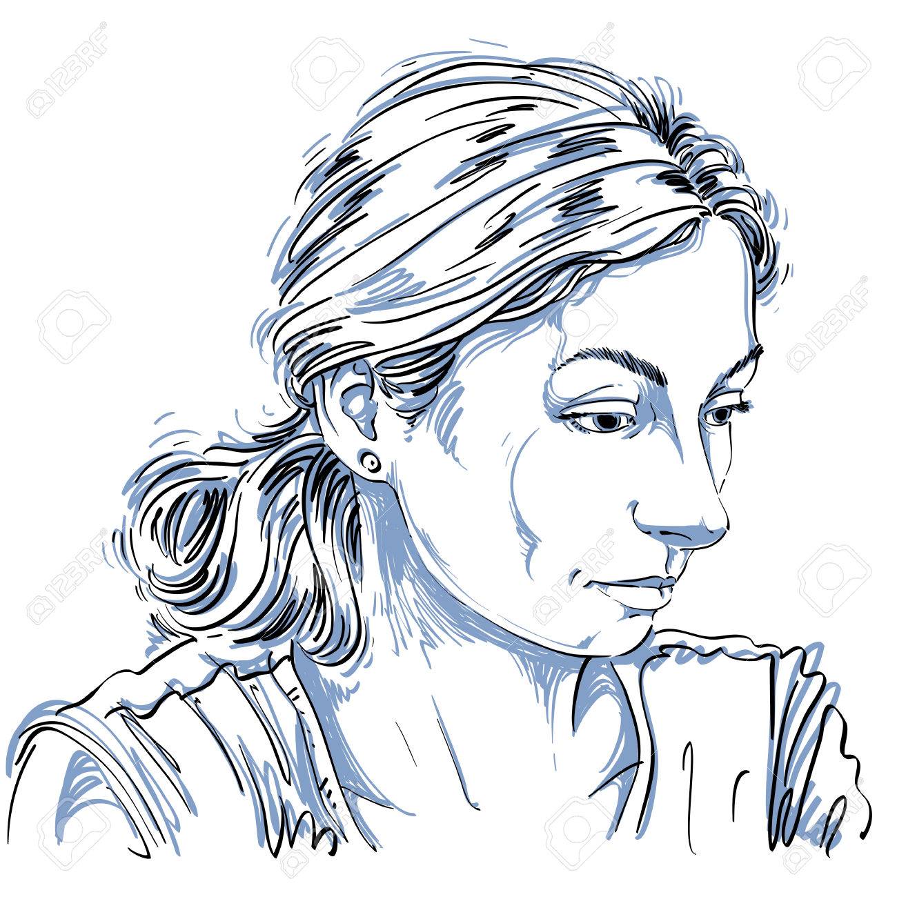 1300x1300 Monochrome Vector Hand Drawn Image, Sad Or Depressed Young Woman