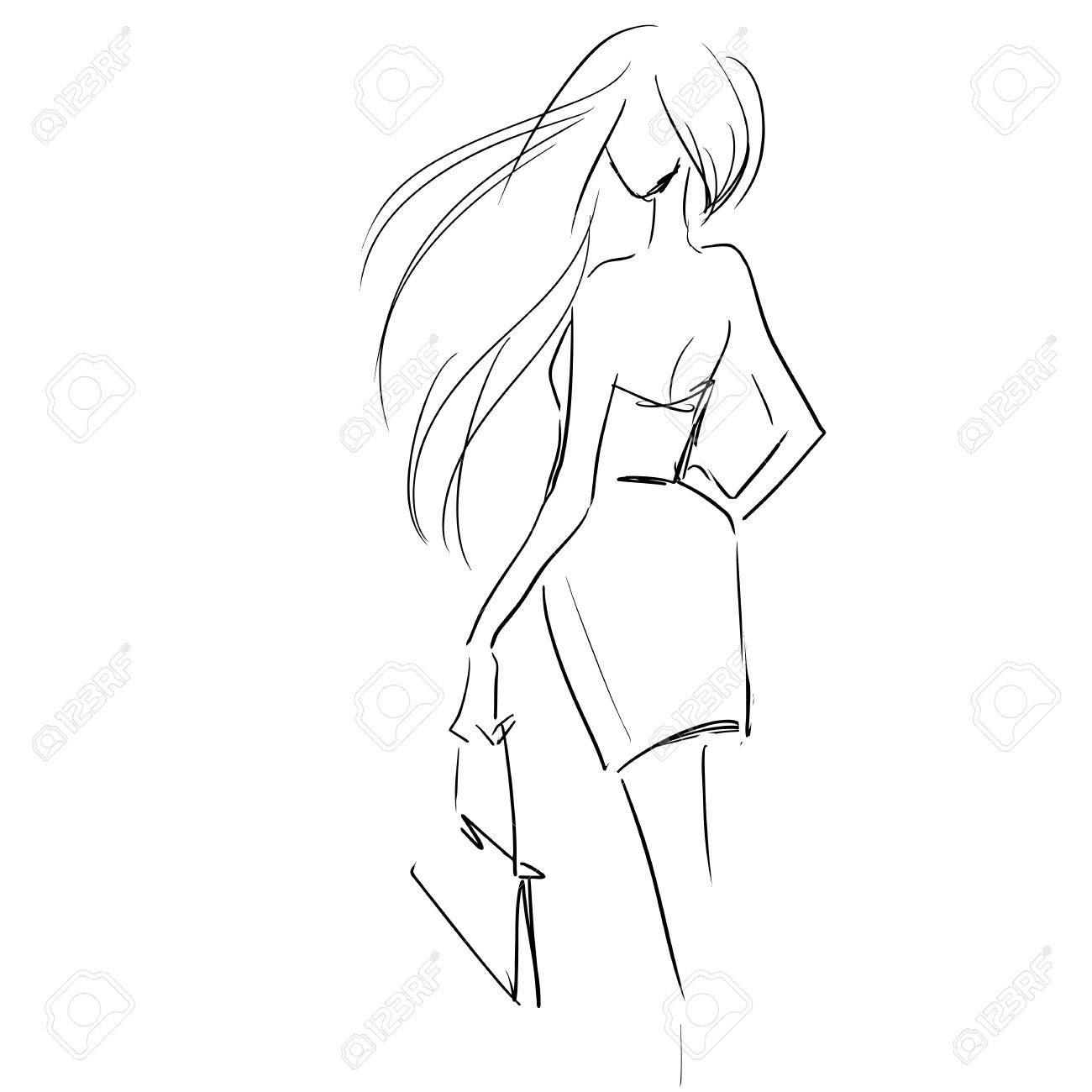 1300x1300 Vector Freehand Art With Elegant Young Woman In Evening Dress