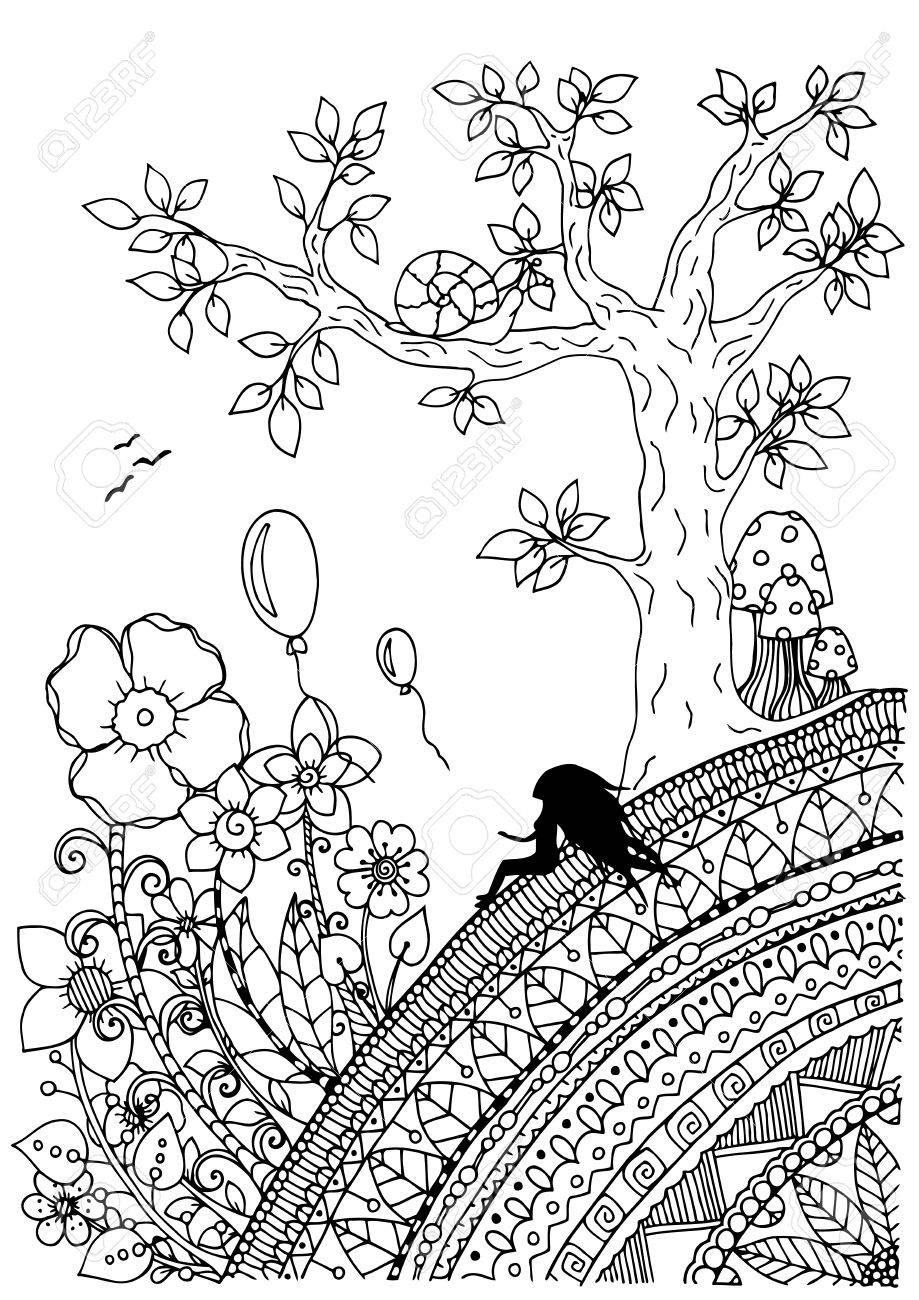 919x1300 Illustration Of Handmade Work, Zentangle Girl Sitting On