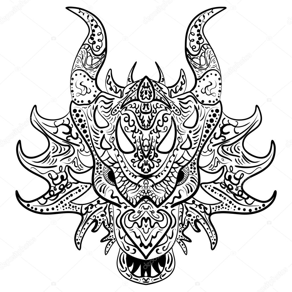 1024x1024 Black And White Sketch Dragon Head Zen Tangle Stock Vector