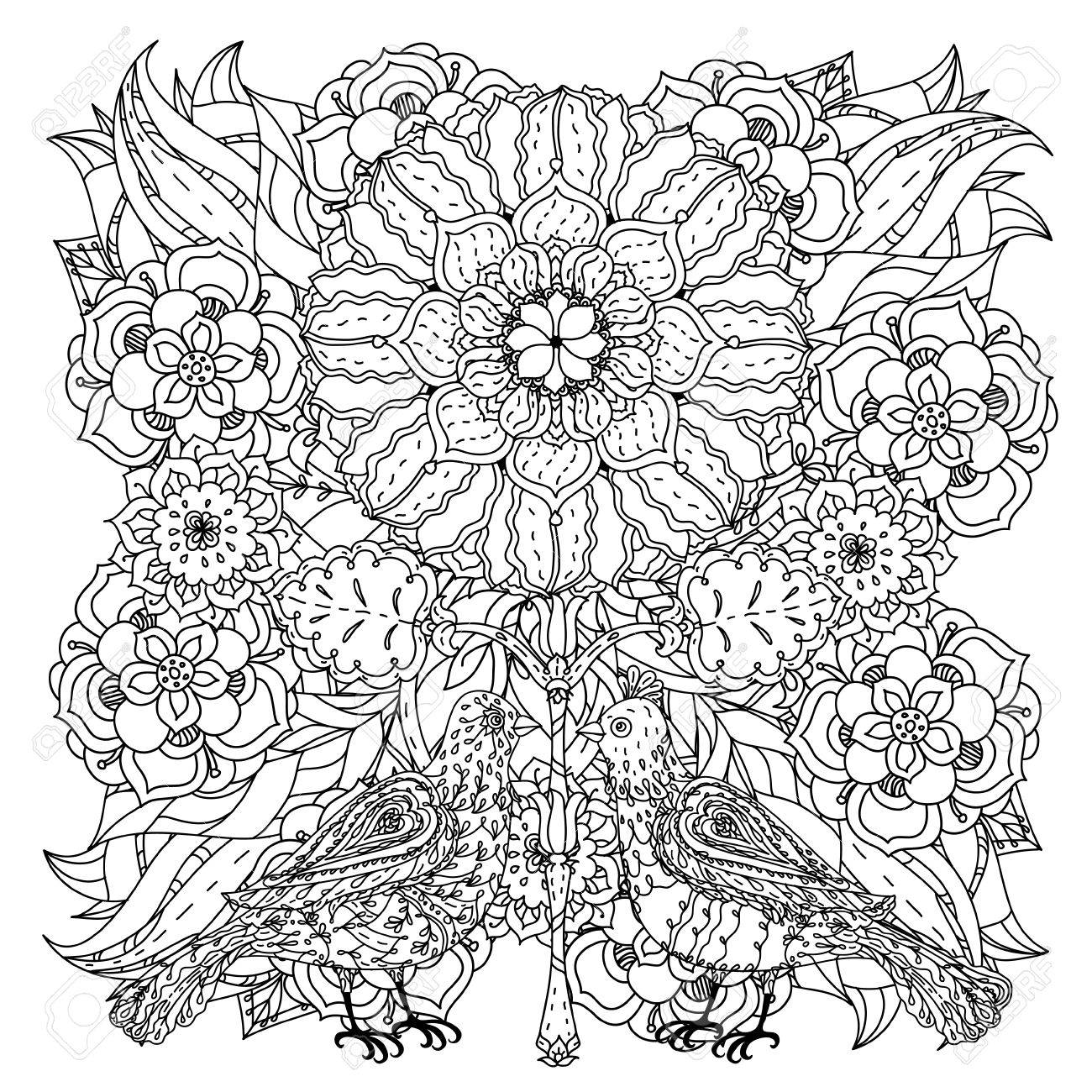 1300x1300 Contoured Mandala Shaped Flowers And Birds For Adult Coloring
