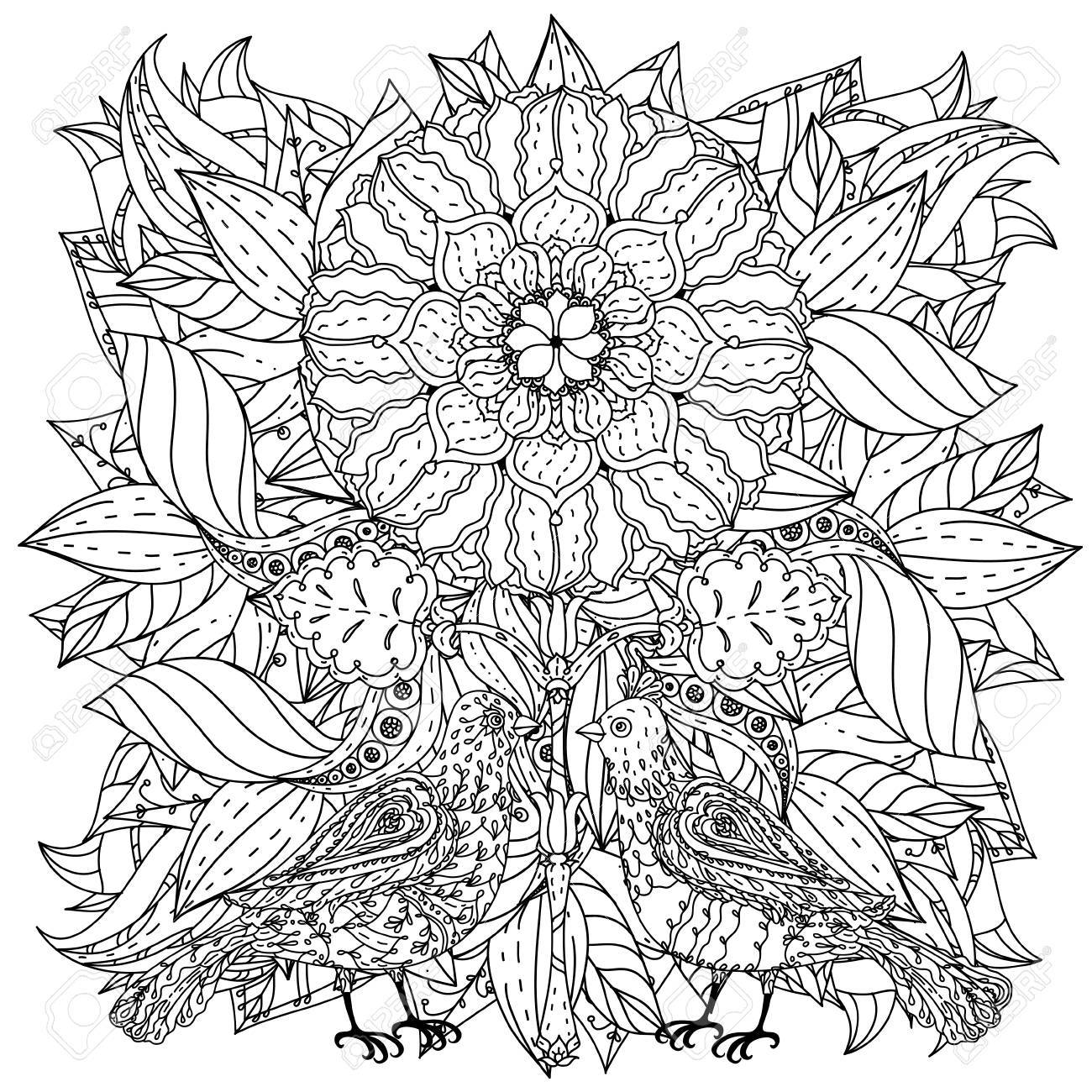 1300x1300 Contoured Mandala Shaped Flowers And Birds For Adult Coloring Book