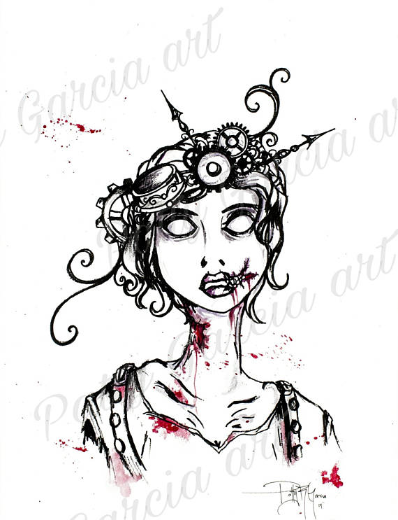 570x743 Bloody Steampunk Zombie Girl Print Steampunk Zombie Art Steam