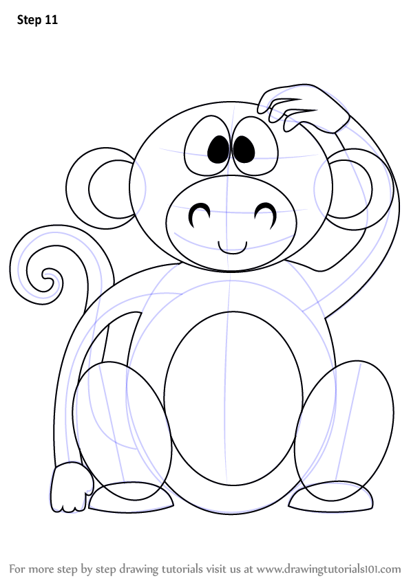 597x845 Learn How To Draw A Cute Monkey Cartoon (Zoo Animals) Step By Step