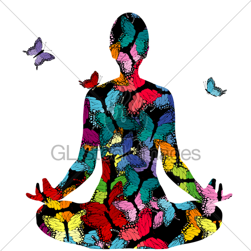 500x500 Abstract Woman Silhouette In Yoga Pose With Butterflies Gl Stock