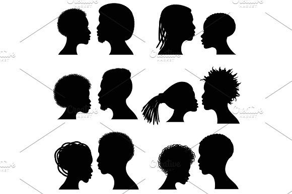 580x386 African Female And Male Face Vector Silhouettes. Afro American